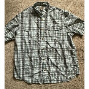 Duluth Trading‎ Company Short Sleeve Button Down Teal & Grey Plaid Size XL